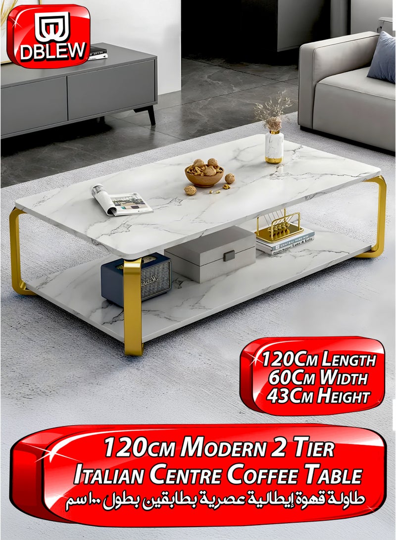 دي بلو طاولة قهوة مستطيلة فاخرة من الرخام الأبيض الصناعي مكونة من طبقتين، طاولة أريكة كوكتيل مركزية حديثة بقاعدة إطار فولاذي ذهبي لغرفة المعيشة أو المكتب أو الاستقبال أو المطعم أو ردهة الفندق أو غرفة النوم أو المنزل أو الحديقة الخارجية أو الفناء أو الديكور أو الأثاث أو تصميم مستطيل مميز لطاولة شاي مع رف تخزين سفلي 120 × 60 × 43 سم - Image 1