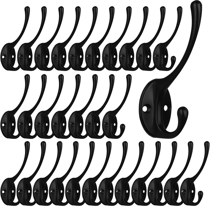 IBosins 30 Pack Heavy Duty Dual Coat Hooks Wall Mounted with 60 Screws Retro Double Hooks Utility Black Hooks for Coat Scarf Bag Towel Key Cap Cup Hat