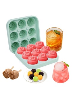 9 Hole Silicone Rose Ice Cube Mold, Ice Ball Maker with Lid, Silicone Sphere Ice Cube Tray Sphere Ice Cube Mold Silicone Ice Ball Maker Ice Cube Container for Cooling Whiskey c o c ktail Juice, Green
