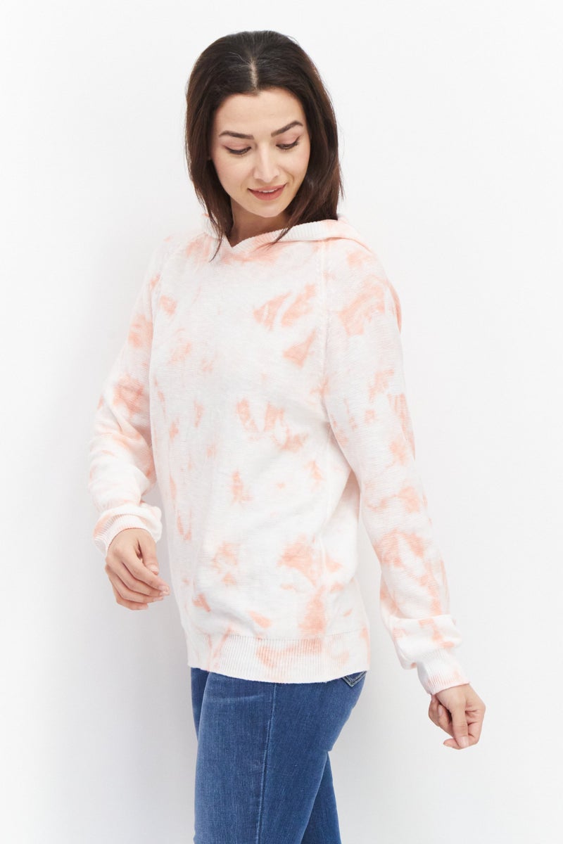 Weatherproof Women Tie Dye Printed Long Sleeve Hooded Sweater, Coral  - Image 1