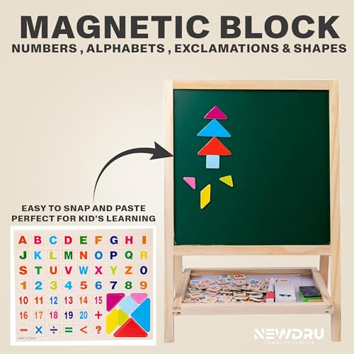 Newdru SketchBoard Pro Double-Sided Kids Drawing Board with Chalk & Marker Surfaces | Wooden Frame with Height Adjustable Drawing Stand for Kids Learning - Gifts for Toddlers - 27 x 40cm - Image 3