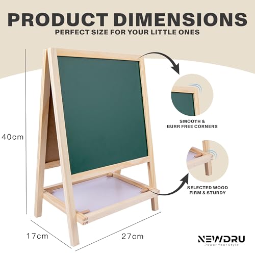 Newdru SketchBoard Pro Double-Sided Kids Drawing Board with Chalk & Marker Surfaces | Wooden Frame with Height Adjustable Drawing Stand for Kids Learning - Gifts for Toddlers - 27 x 40cm - Image 5