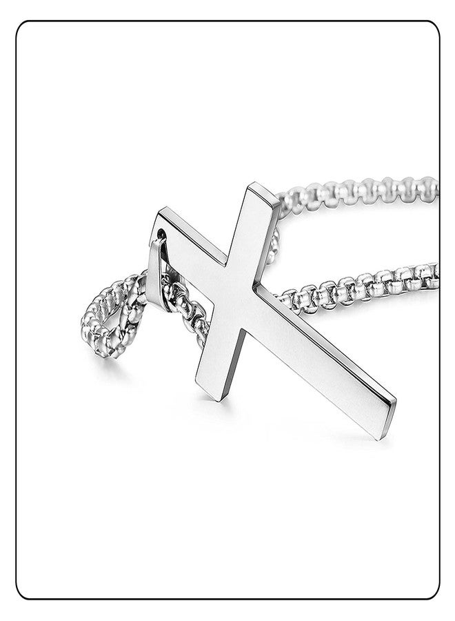Fusamk Fashion Titanium Steel Prayer Cross Pendant Necklace,24" Box Chain - Image 3