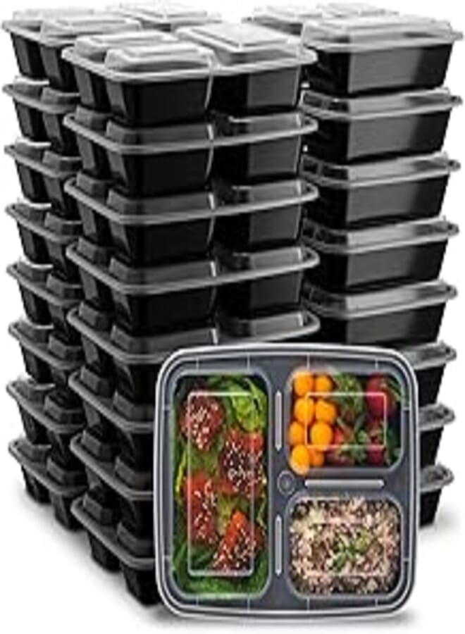 Ez Prepa [25 Pack 32oz 3 Compartment Meal Prep Containers with Lids -Food Storage Containers Plastic, Bento Box, Lunch Containers, Microwavable, Freezer and Dishwasher Safe, Food Containers