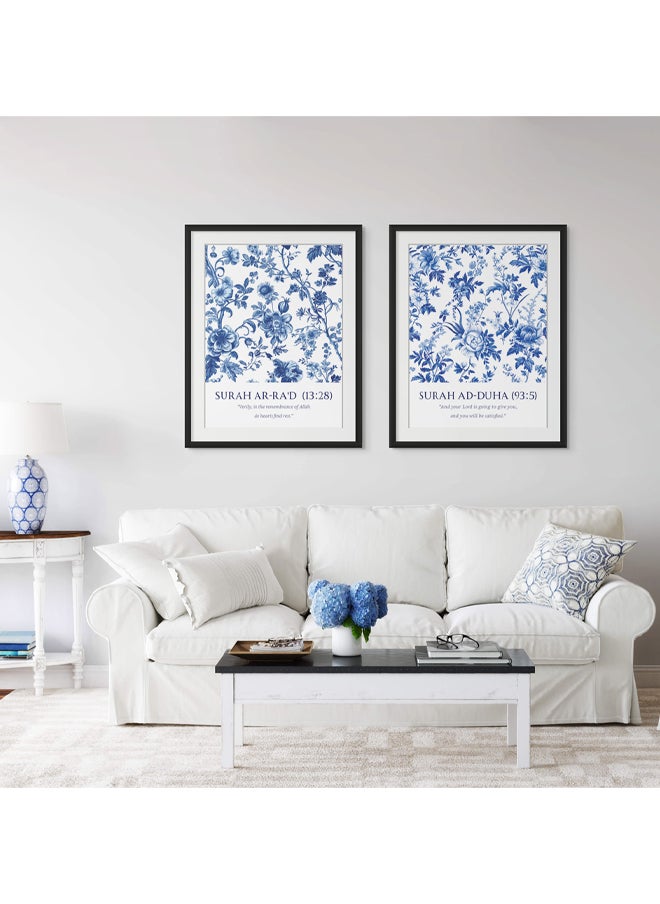 Art Decor - Art Decor Framed Set of 2 Quranic Ayah Toile De Jouy Vintage Floral Motifs White Blue Islamic Wall Art 2 Piece Fine Art Prints with Matboard Wall Décor for Living Room Bedroom Office Gifting - Image 1