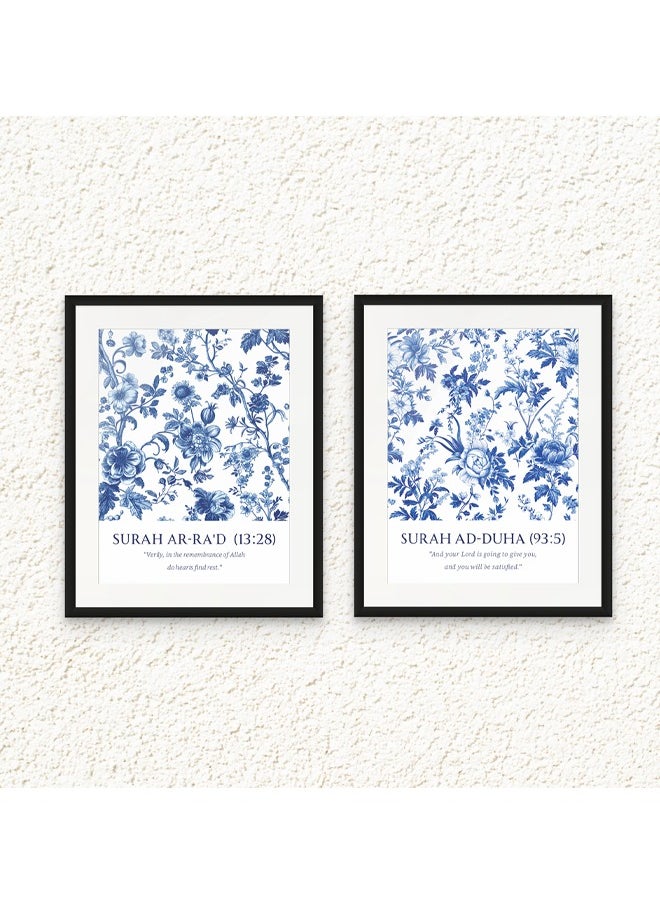 Art Decor - Art Decor Framed Set of 2 Quranic Ayah Toile De Jouy Vintage Floral Motifs White Blue Islamic Wall Art 2 Piece Fine Art Prints with Matboard Wall Décor for Living Room Bedroom Office Gifting - Image 1
