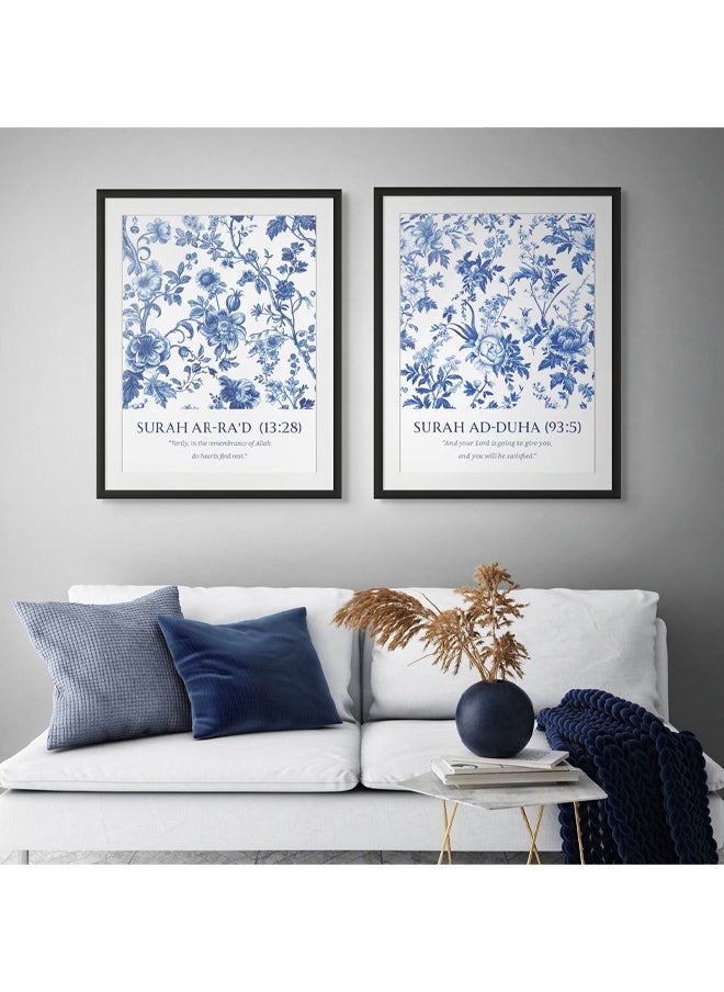 Art Decor - Art Decor Framed Set of 2 Quranic Ayah Toile De Jouy Vintage Floral Motifs White Blue Islamic Wall Art 2 Piece Fine Art Prints with Matboard Wall Décor for Living Room Bedroom Office Gifting - Image 1