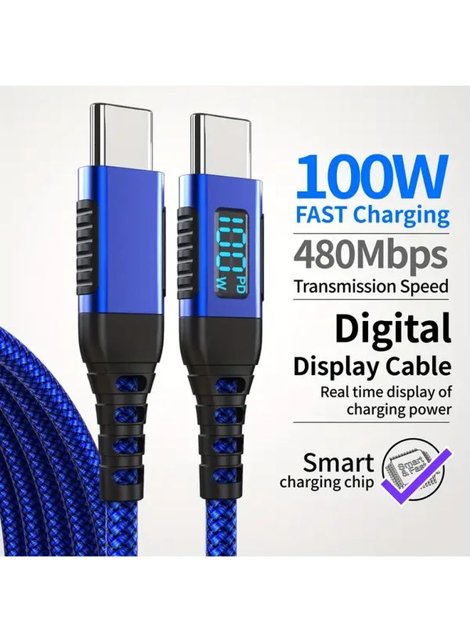 100W USB C Fast Charging Cable With LED Display Blue Nylon Braided 3m 10ft - Image 1