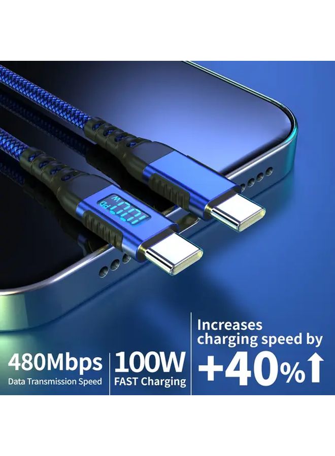 100W USB C Fast Charging Cable With LED Display Blue Nylon Braided 3m 10ft - Image 3