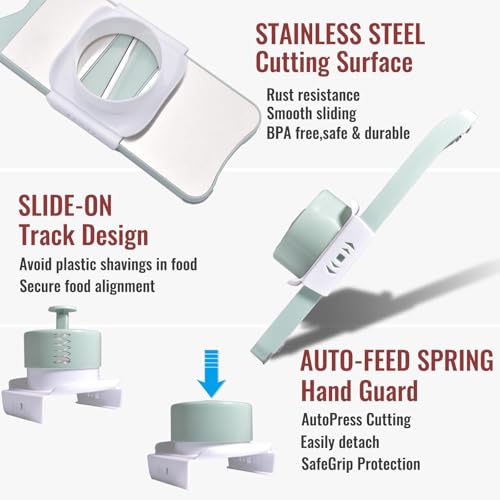 NACOLUS 6-Blade Mandoline Slicer with Slide-On Hand Guard - Vegetable Slicer, Potato/Onion/Garlic Slicer, Kitchen Grater(Multi-Color) (Seafoam green, 6-in-1) - Image 5