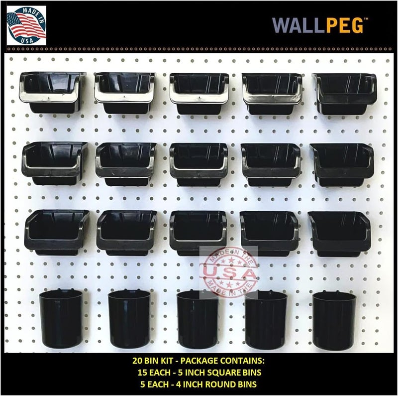WallPeg Pegboard Bins & Cups - 15 each 5" Bins and 5 each 5" Cups - Hooks to Peg Board Panel Organize Hardware Arrange Accessories Workbench Tool Organizer Garage Storage -MADE IN USA- - Image 1