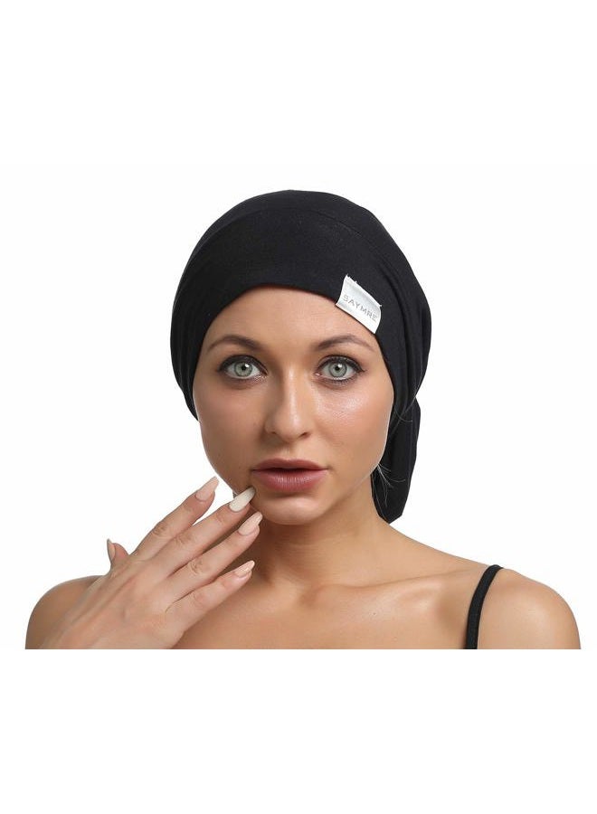 SAYMRE Satin Lined Bonnet Silky Hair Wrap Large Sleep Cap - Adjustable Beanie Slouchy Hats Bonnets for Women Curly Long Hair (X-Large, Pure Black) - Image 5
