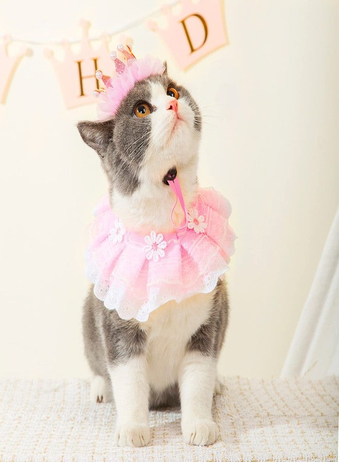 Ushang Pet Cat Princess Costumes Cat Crown Hat & Lace Bandana Scarf Set, Puppy Party Hat for Small Dogs & Cats, Lace Outfit for Cats and Small Dogs Birthday Party (Pink) - Image 2