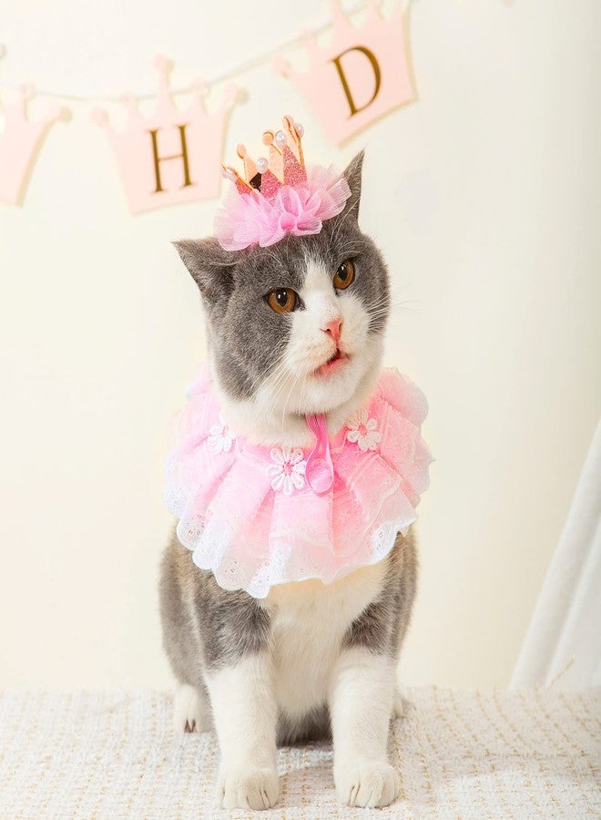Ushang Pet Cat Princess Costumes Cat Crown Hat & Lace Bandana Scarf Set, Puppy Party Hat for Small Dogs & Cats, Lace Outfit for Cats and Small Dogs Birthday Party (Pink) - Image 4
