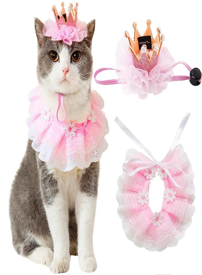 Ushang Pet Cat Princess Costumes Cat Crown Hat & Lace Bandana Scarf Set, Puppy Party Hat for Small Dogs & Cats, Lace Outfit for Cats and Small Dogs Birthday Party (Pink) - Image 1