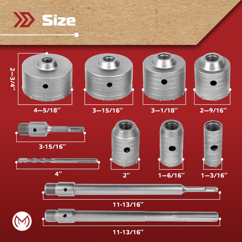 MonoPro 17PCS Concrete Hole Saw Kit with 2 Drill Bits, SDS Plus & Max Shank, Masonry Hole Saw Kit Size 30-110MM, Brick, Cement, Block, Concrete Drilling - Image 2