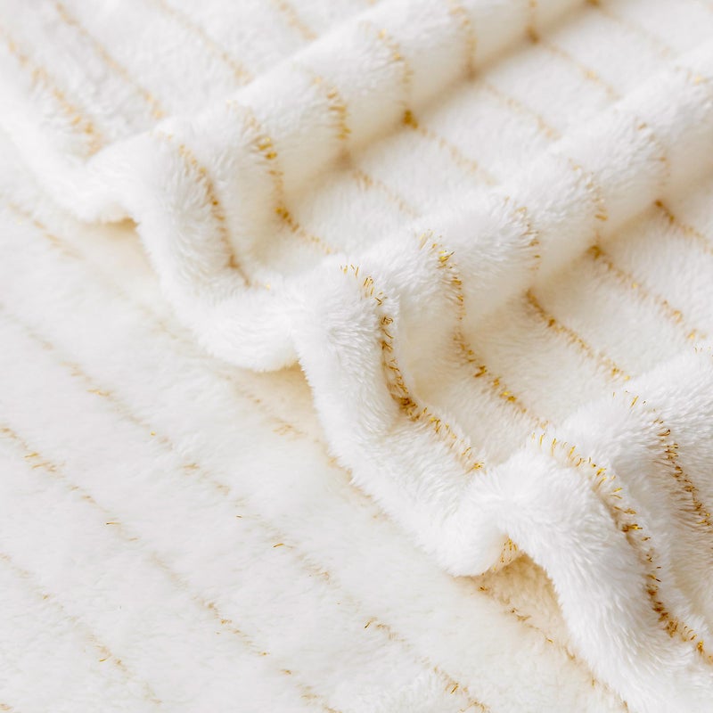 KORBLISS Super Soft Flannel Throw Blanket 50x60 Inches Premium Gold Glitter Stripes Silky Fleece Lightweight Bed Blanket All Season Use Ivory 50x60