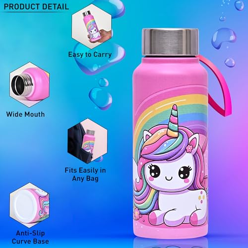 VELLORA Unicorn Animated Stainless Steel Water Bottle for Kids,School Water Bottle for Kids,Picnic Water Bottle,Sipper Bottle,Leak-Proof Bottle for Kid Travel Girls 500 ml (Pink) - Image 5