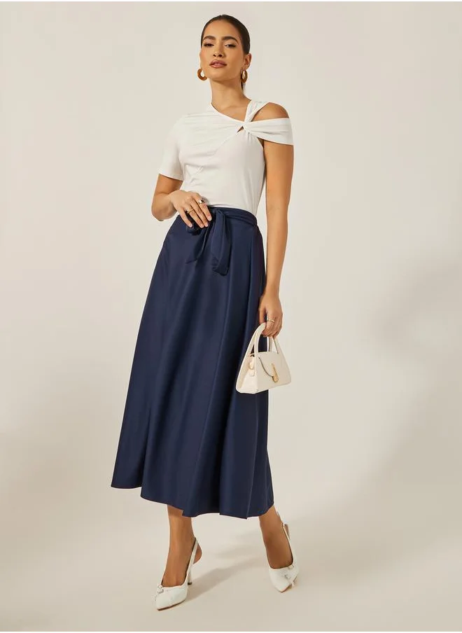 Styli High Rise A-Line Midi Skirt with Tie-Up Belt Detail