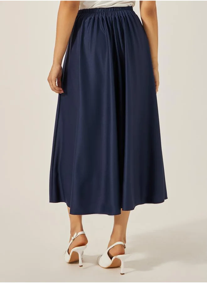 Styli High Rise A-Line Midi Skirt with Tie-Up Belt Detail