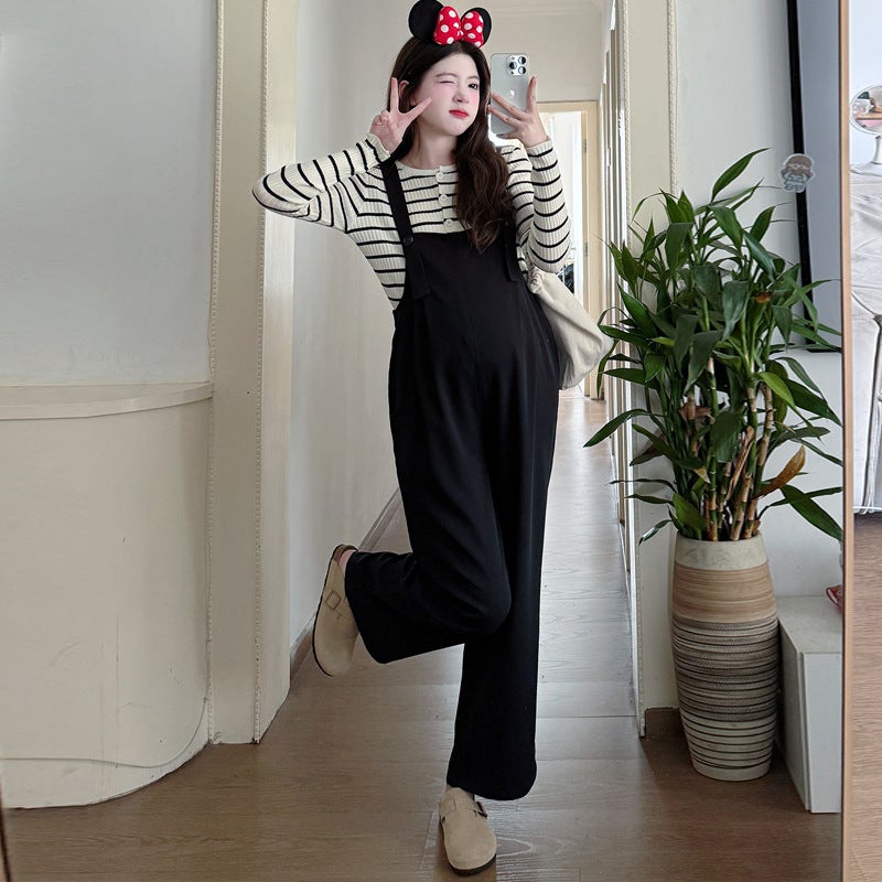 Pregnant Womens Wear Overalls Loose Casual Straight Pants Slimming Trousers Long Sleeve Striped Top suit Trendy black overalls - Image 1