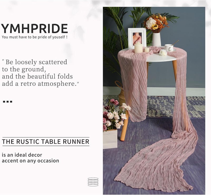 YMHPRIDE 2 Packs Cheesecloth Table Runner Dusty Pink, 90x300cm Pink Rustic Gauze Fabric Boho Table Runner, Cheesecloth Wedding Table Decor for Wedding Party Bridal Shower Table Decorations - Image 4