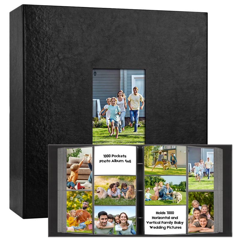 Veicevol 1000 Pocket Photo Album 4x6 Leather Cover, Extra Large Capacity Holds 1000 Horizontal and Vertical Photos, Acid Free Non Stick Pages with Front Window, Perfect for Wedding Family Baby Memories, Black - Image 1