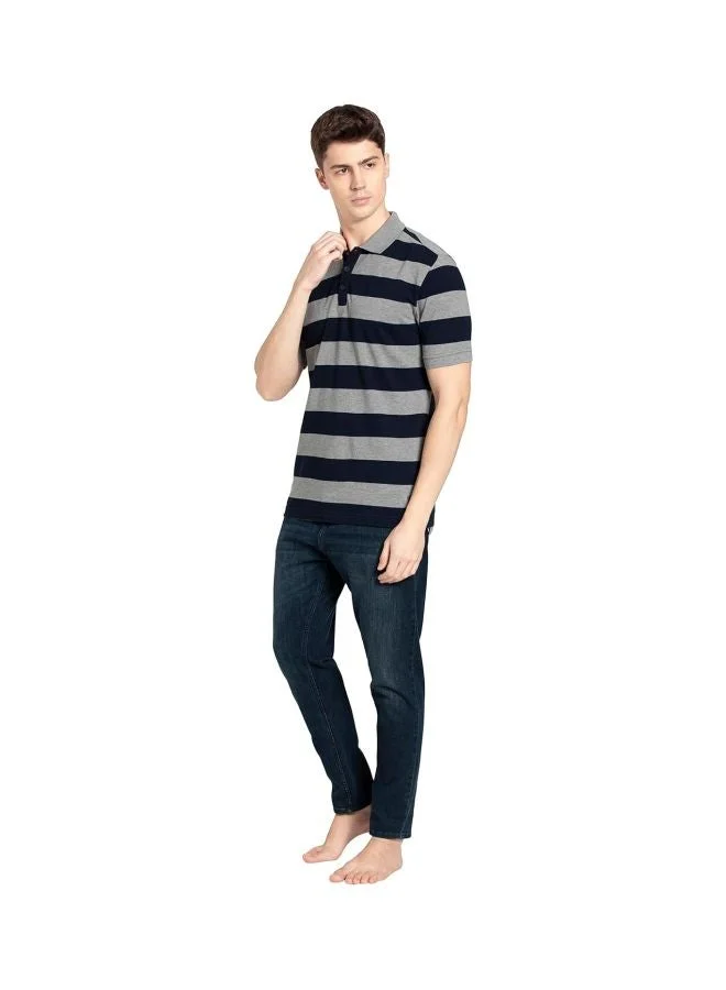 Jockey Grey Melange & Navy US93 Men Super Combed Cotton Rich Striped Polo T Shirt for Men | Best Price UAE
