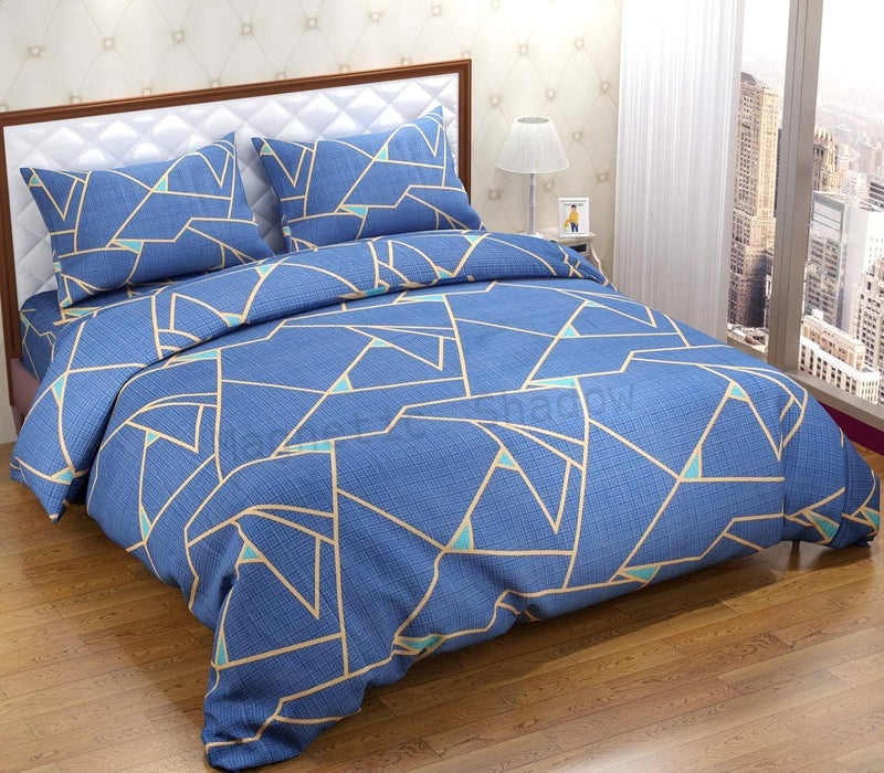 Magnetic Shadow Magnetic Shadow Cotton 160TC King Size Comforter Set with Bedsheet Brown Paan Blue Triangles 