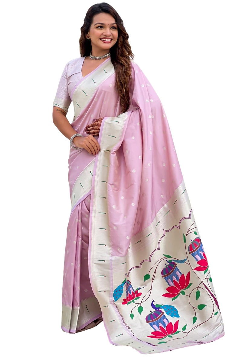 SGF11 Women's Kanjivaram Paithani Soft Silk Saree With Blouse Piece (Light Pink) - Image 1