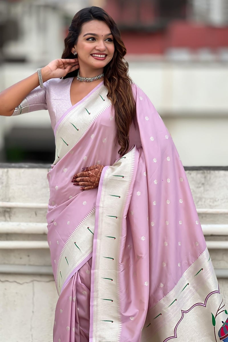SGF11 Women's Kanjivaram Paithani Soft Silk Saree With Blouse Piece (Light Pink) - Image 3