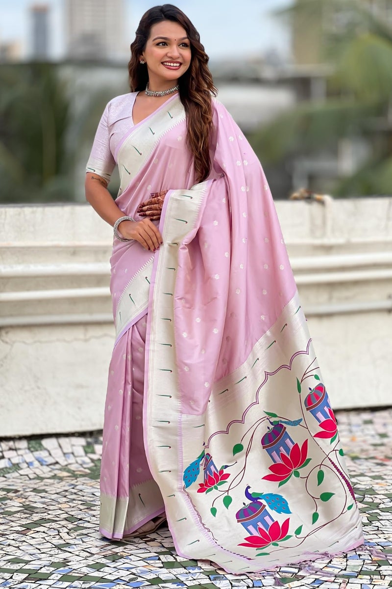 SGF11 Women's Kanjivaram Paithani Soft Silk Saree With Blouse Piece (Light Pink) - Image 2
