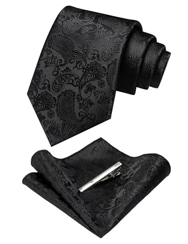 JEMYGINS Mens Black Paisley Necktie and Pocket Square with Tie Clip Sets (black) - Image 1