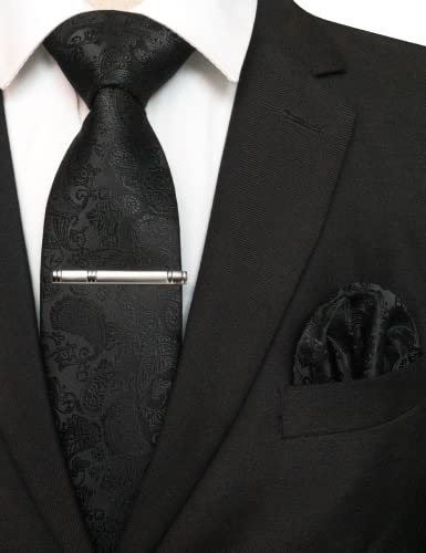 JEMYGINS Mens Black Paisley Necktie and Pocket Square with Tie Clip Sets (black) - Image 4