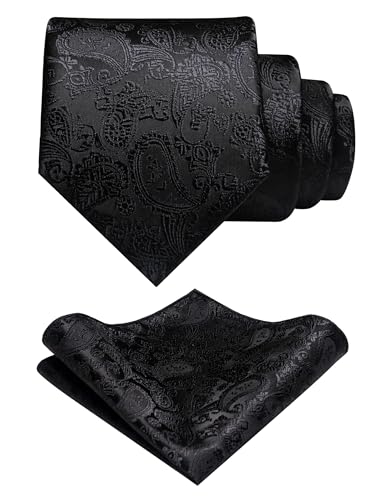 JEMYGINS Mens Black Paisley Necktie and Pocket Square with Tie Clip Sets (black) - Image 2