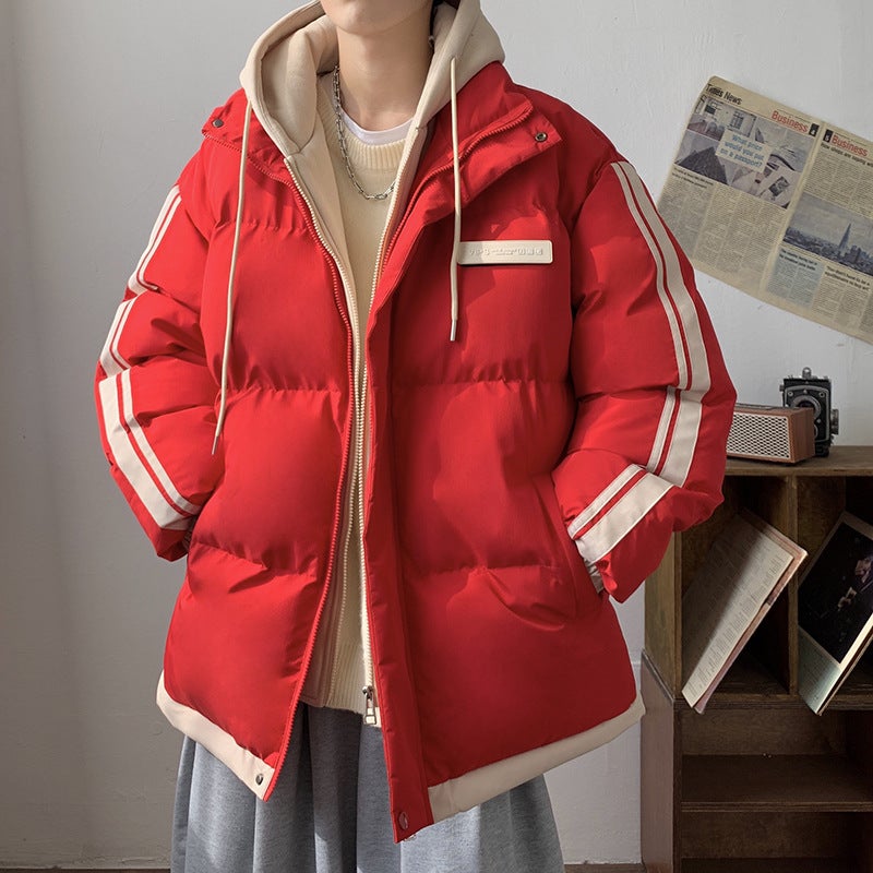American Style Two-Piece Illusion Cotton-Padded Jacket Blazer For Men Autumn Winter 2024 New Teenage School Campus Style Color B Red 