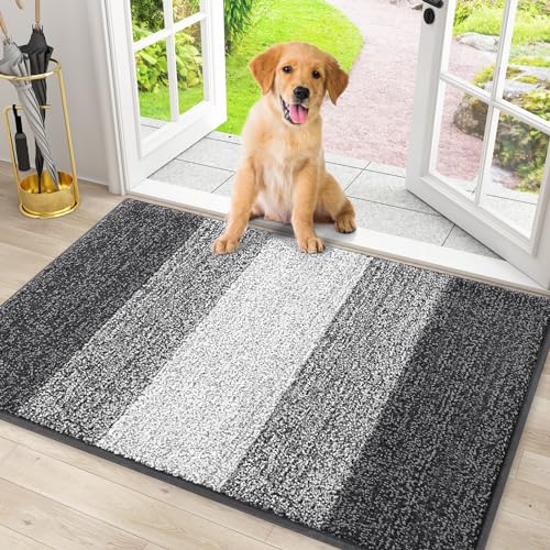 Smiry Dog Door Mat for Muddy Paws Absorbs Moisture and Dirt LowProfile Entryway Mat with NonSlip Backing Entry Indoor Outdoor Doormat for Inside Floor 30x20 Inches Grey Striped