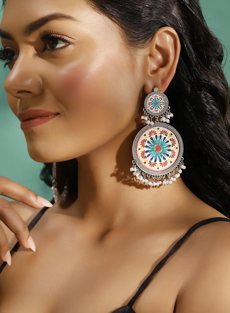 ISHIN Multi Colour Metallic Grey Plated Beaded Chandbali Earring