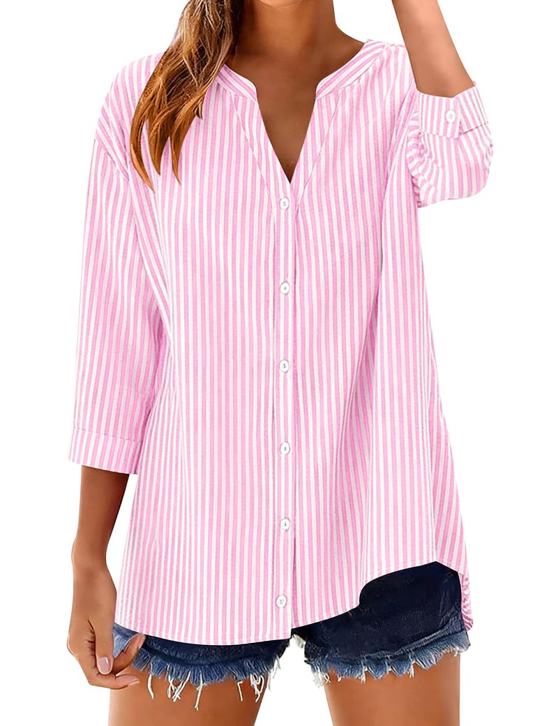 LOMON Cotton 3/4 Sleeve Button Down Shirts for Women Gingham Plaid Striped Tops V Neck Casual Loose Blouse - Image 1