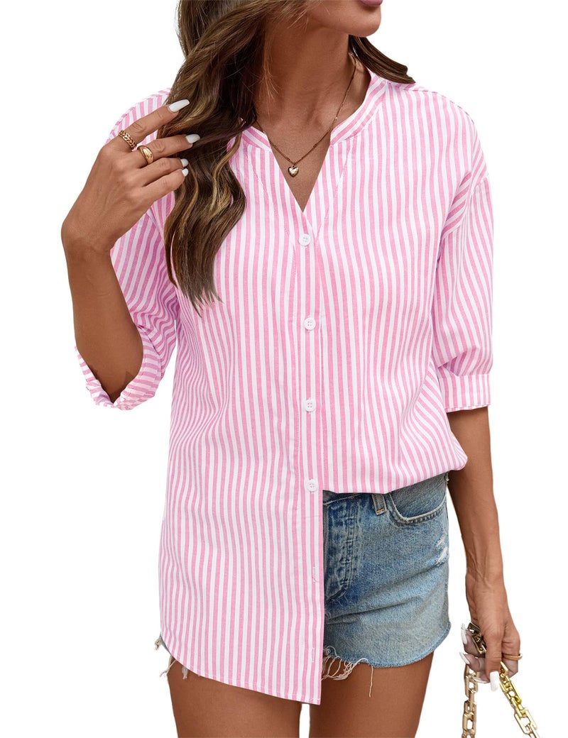 LOMON Cotton 3/4 Sleeve Button Down Shirts for Women Gingham Plaid Striped Tops V Neck Casual Loose Blouse - Image 2