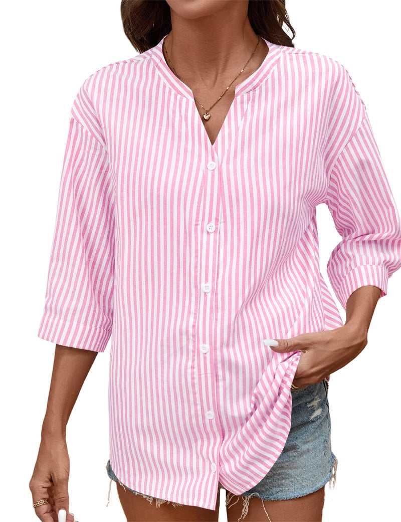 LOMON Cotton 3/4 Sleeve Button Down Shirts for Women Gingham Plaid Striped Tops V Neck Casual Loose Blouse - Image 4