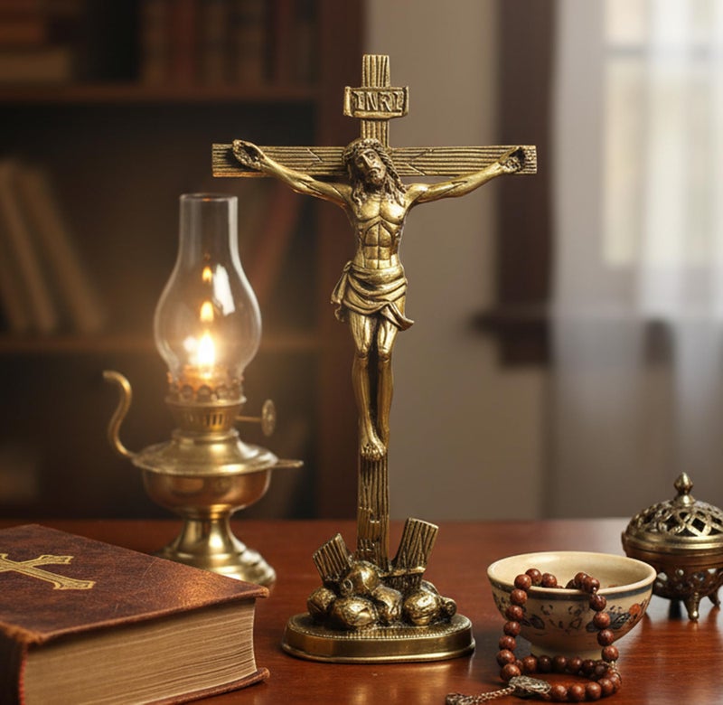 ESPLANADE Brass Jesus Christ Cross in (Antique look) | Spiritual Idols | Religious Statues | Holy Statue of Christian (12 inches height) - Image 2