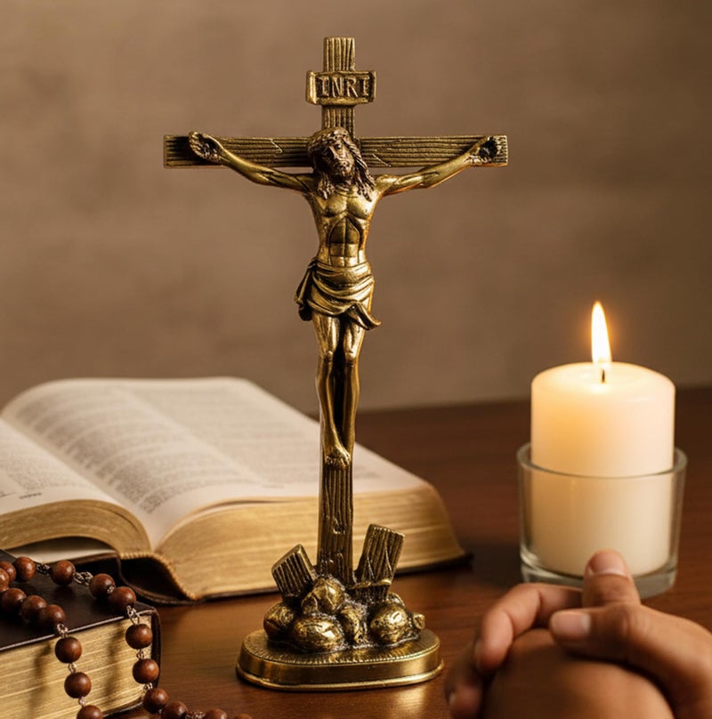 ESPLANADE Brass Jesus Christ Cross in (Antique look) | Spiritual Idols | Religious Statues | Holy Statue of Christian (12 inches height) - Image 1