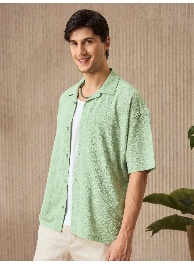 Beyoung Pistachio Green Half Sleeves Cuban Shirt For Men