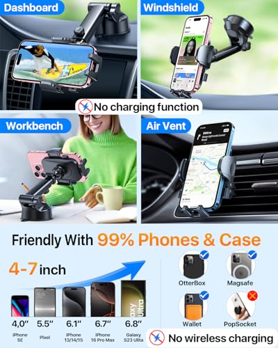 HTU 2026 Upgraded [True Military-Grade] Car Phone Holder【Safety Certs & No Smell】 Cell Phone Holder for Car Mount for Dashboard Windshield Air Vent Long Arm Thick Case,Purple - Image 5
