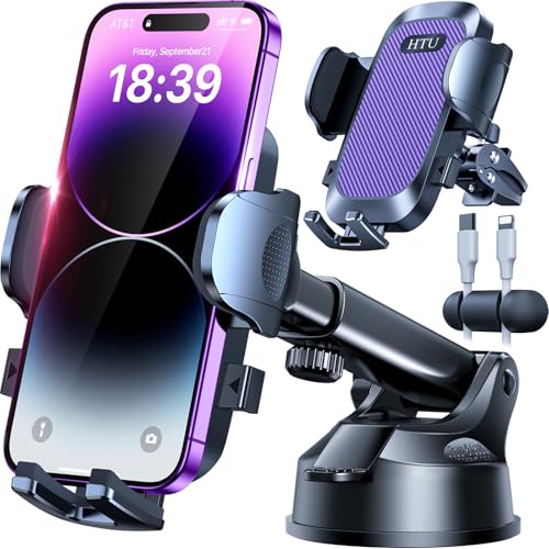 HTU 2026 Upgraded [True Military-Grade] Car Phone Holder【Safety Certs & No Smell】 Cell Phone Holder for Car Mount for Dashboard Windshield Air Vent Long Arm Thick Case,Purple - Image 1