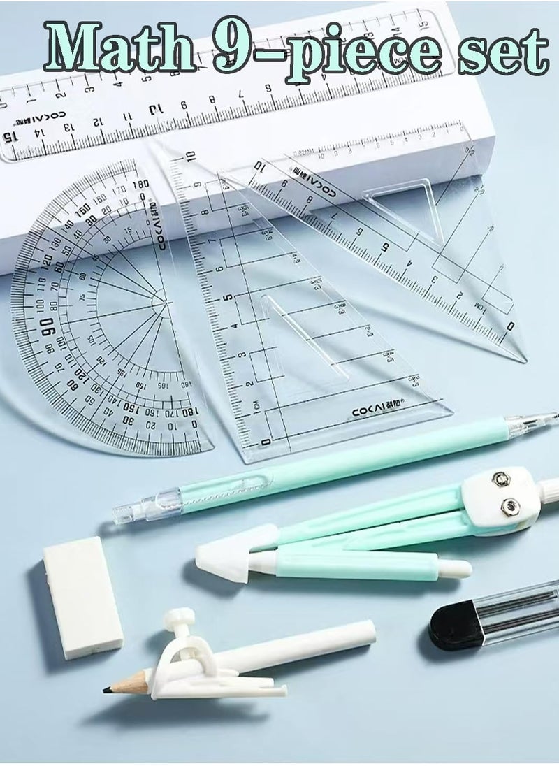 Oasisgalore - Maths Kit - 9-Piece Geometry Drafting Compass Box Set with Protractor, Ruler,and More for Study, Drawing, Measuring - Image 1