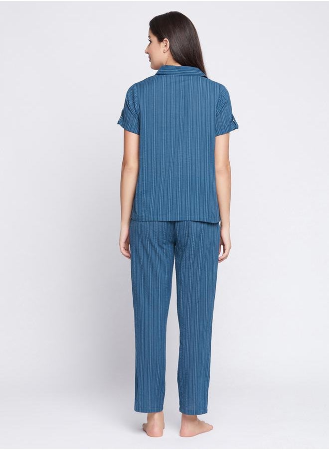 Clovia Women Sassy Stripes Button Down Shirt & Pyjama in Navy Blue Long Sleeve Nightwear Set by Styli  - Image 4