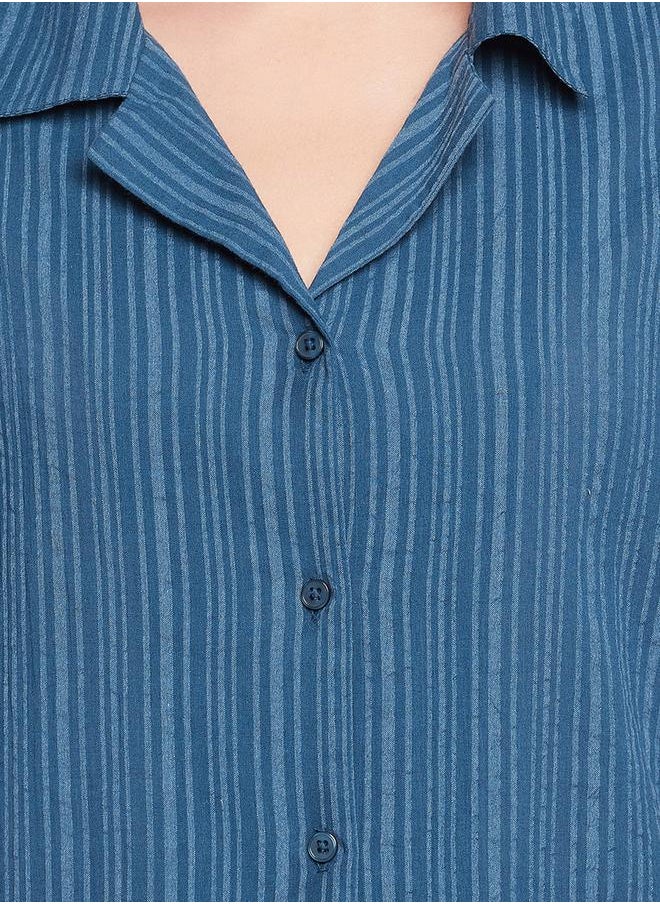 Clovia Women Sassy Stripes Button Down Shirt & Pyjama in Navy Blue Long Sleeve Nightwear Set by Styli  - Image 5