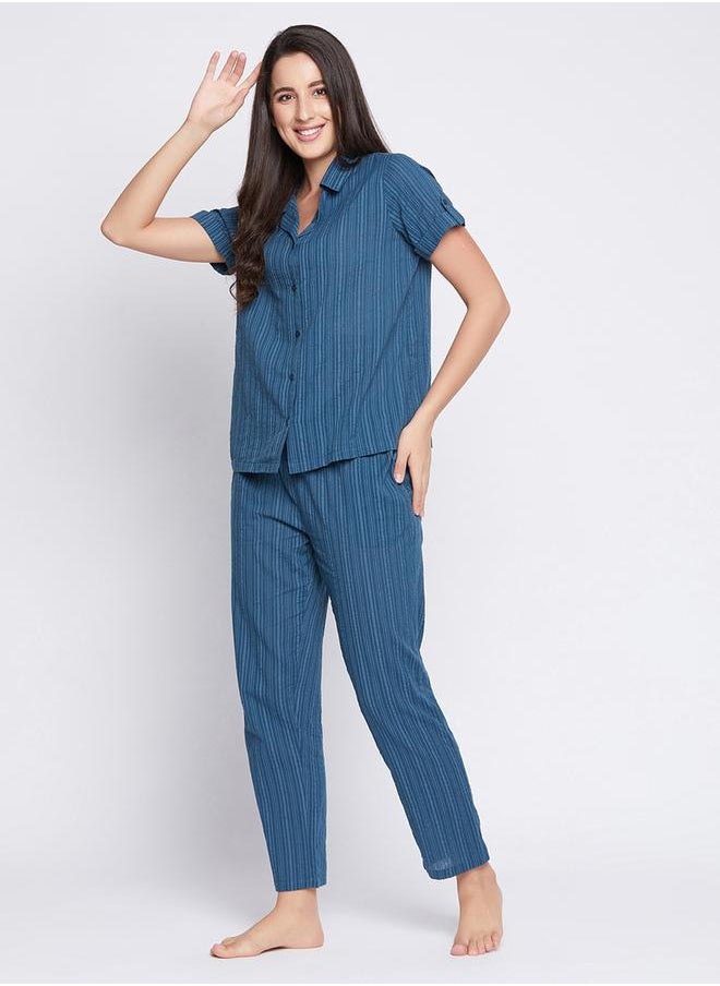 Clovia Women Sassy Stripes Button Down Shirt & Pyjama in Navy Blue Long Sleeve Nightwear Set by Styli  - Image 2